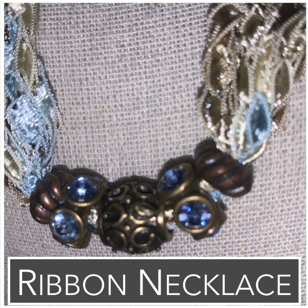 Necklace Strand of Blue, Sage, Bronze Ribbons, Bronze Beads & Blue Stones Accent - Picture 3 of 11